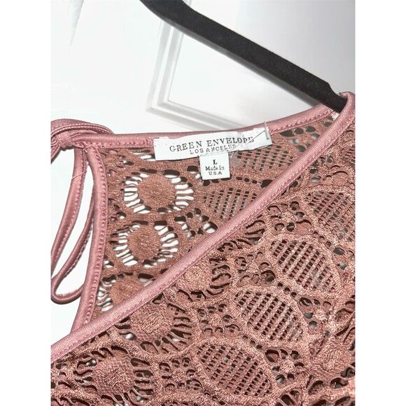 Green Envelope Pink Lace Bell Sleeve Swim Cover Up Women's Size L - Picture 3 of 7